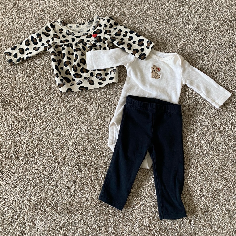 Carters just one you 3 piece onesie pants sweater leopard outfit size newborn